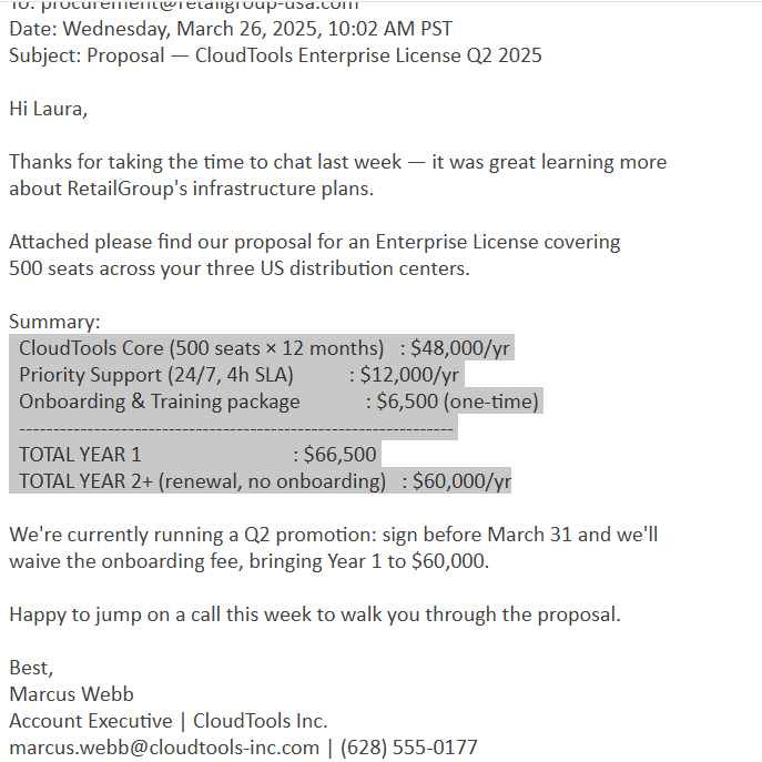 Email before cleanup with the pricing block outlined in red to show the selection