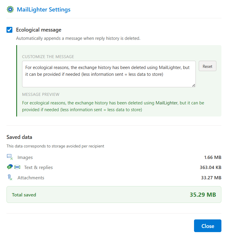 MailLighter Settings panel showing the eco message and the My savings section